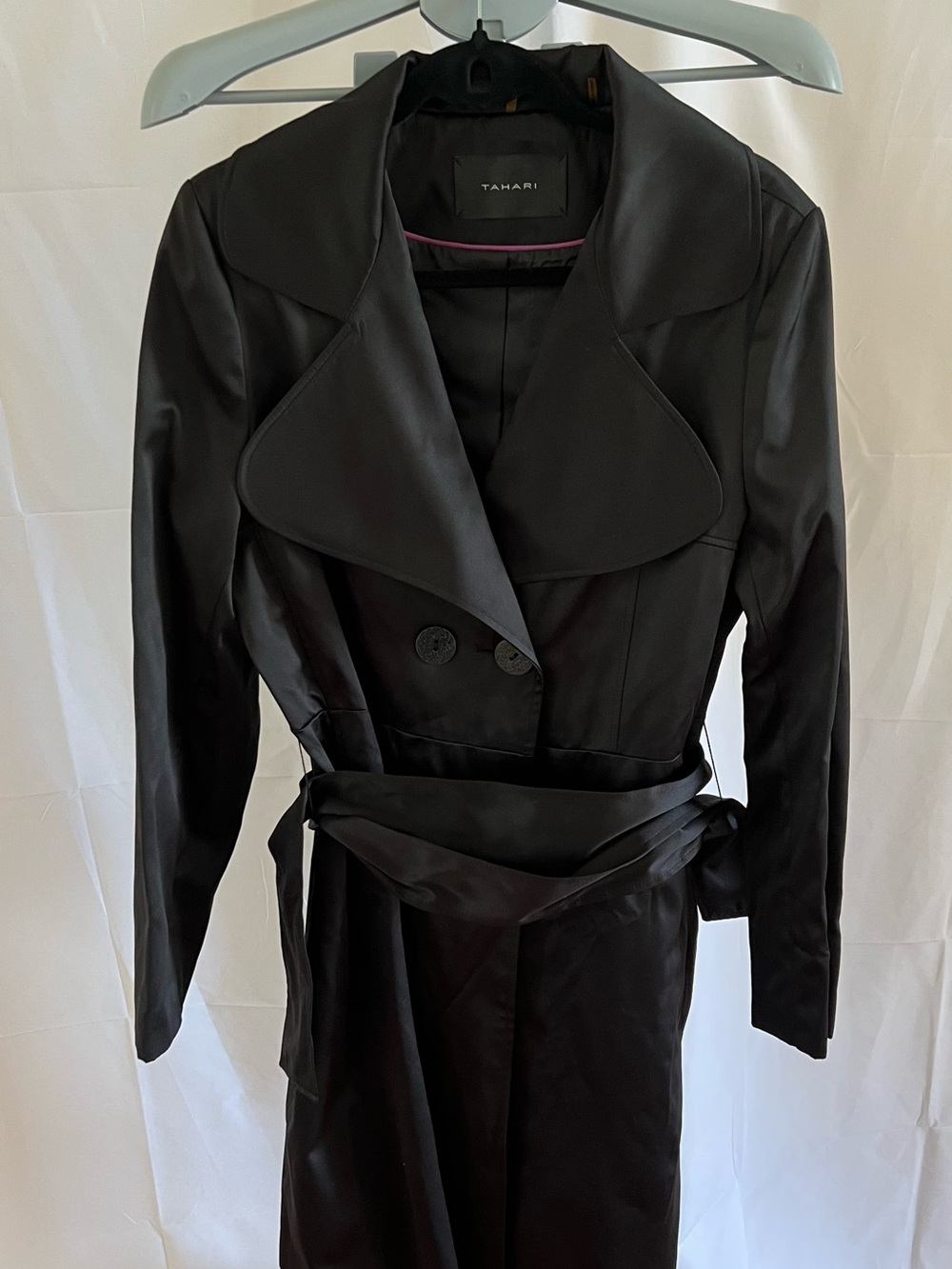 Tahari Black Satin-Like Trench Coat with Tie Waist